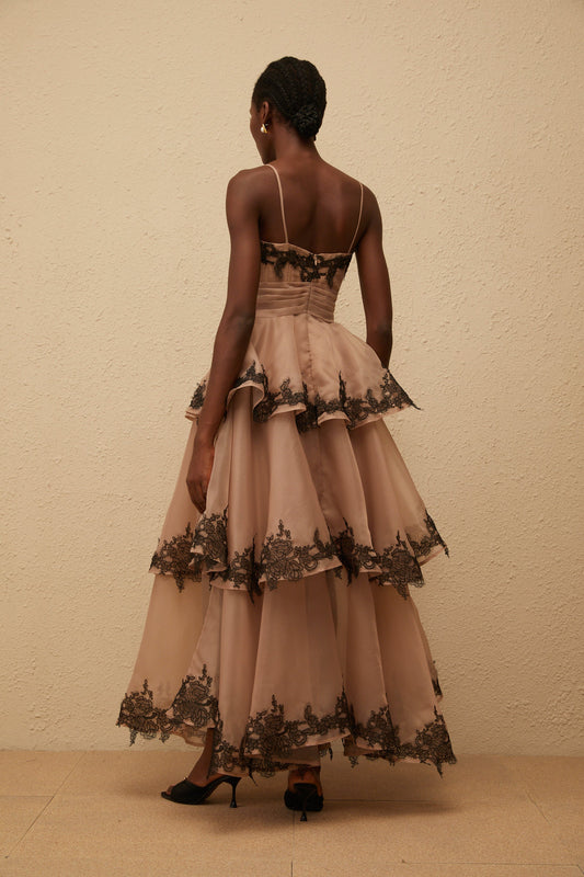 Frideborg Brown Tiered Tulle Maxi Dress