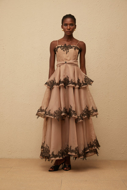 Frideborg Brown Tiered Tulle Maxi Dress
