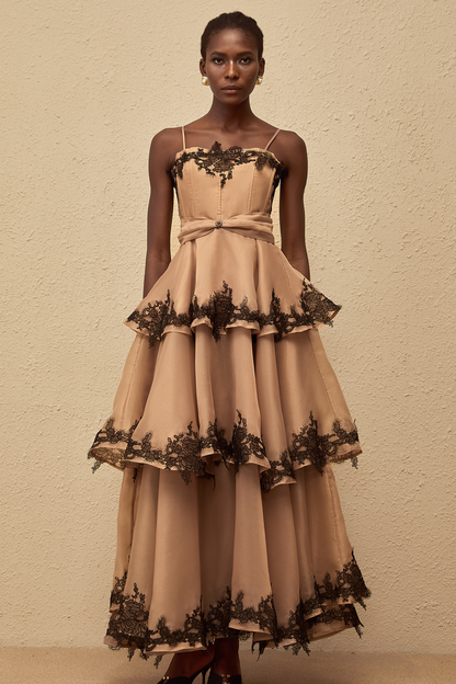 Frideborg Brown Tiered Tulle Maxi Dress