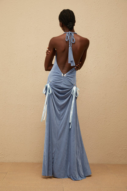 Adèle Blue Bowknot Velvet Maxi Dress