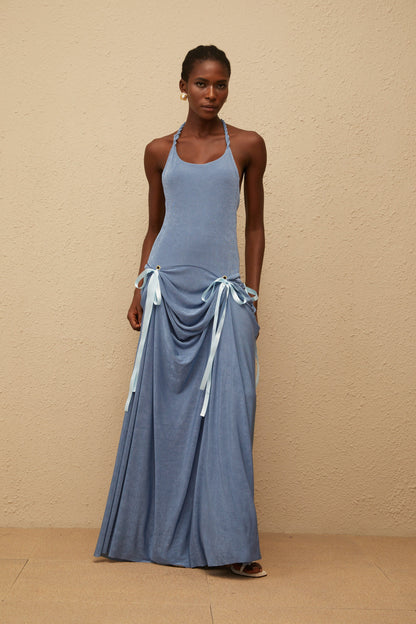 Adèle Blue Bowknot Velvet Maxi Dress
