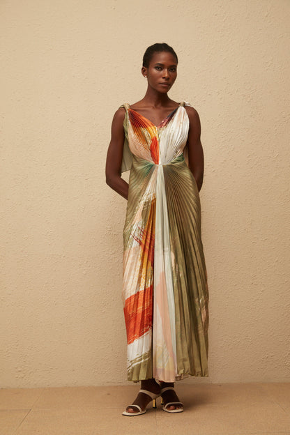 Giulia Green Smudged Graffiti Satin Maxi Dress