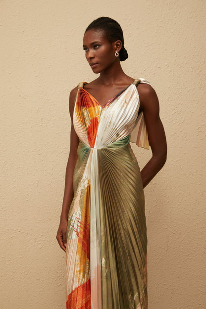Giulia Green Smudged Graffiti Satin Maxi Dress