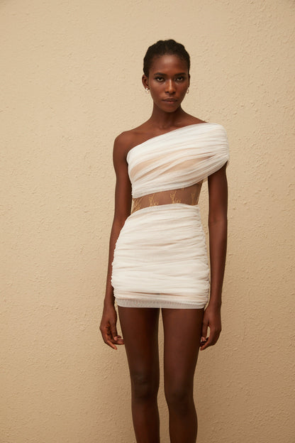 Ophélie White Ruched Tulle Mini Dress