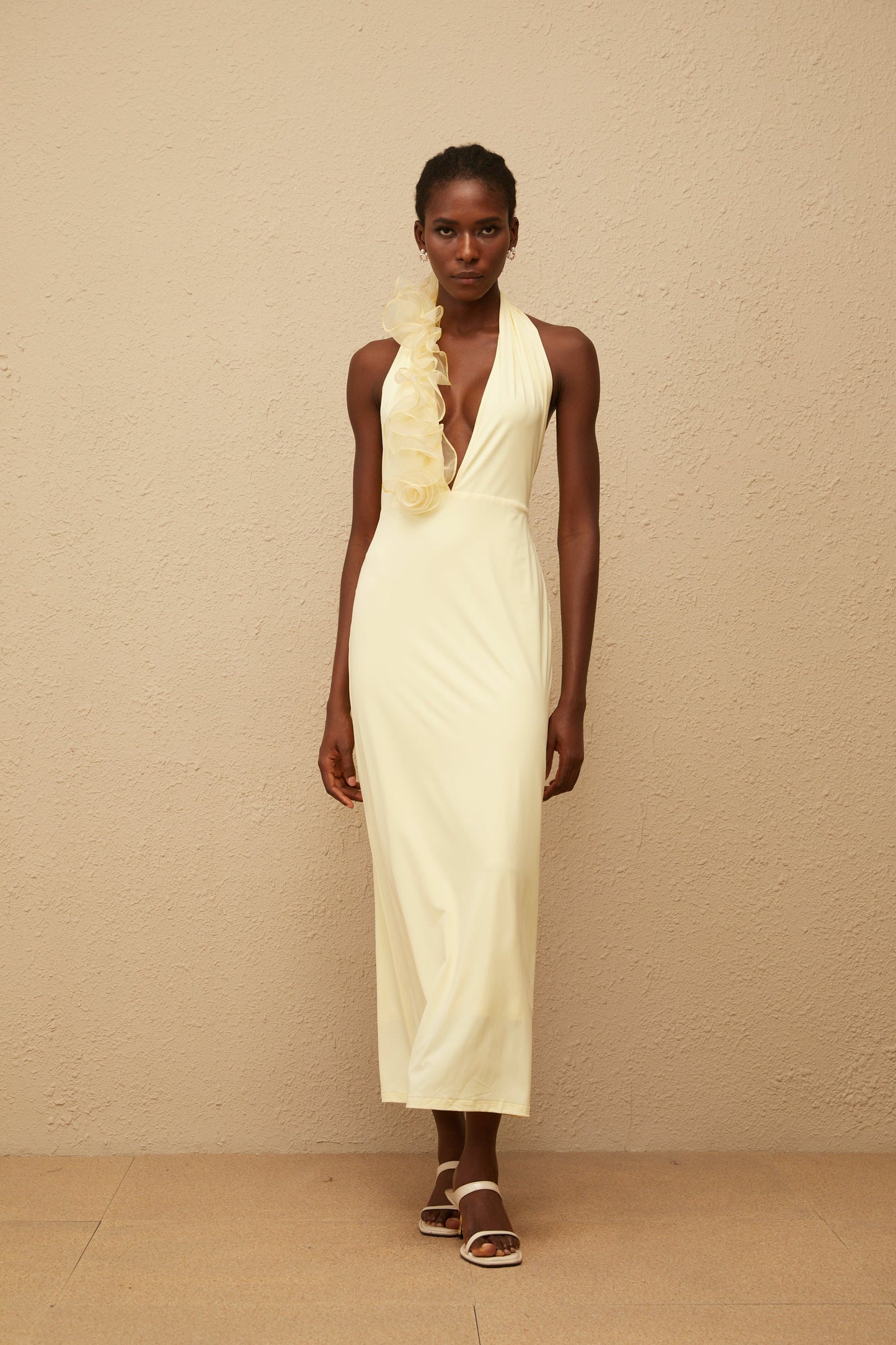 Brume Yellow Halterneck 3D Petal Maxi Dress