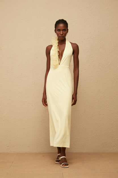 Brume Yellow Halterneck 3D Petal Maxi Dress