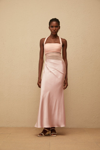 Taina Pink Mesh Panel Ruched Maxi Dress