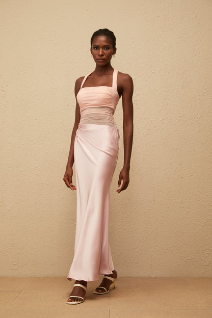 Taina Pink Mesh Panel Ruched Maxi Dress