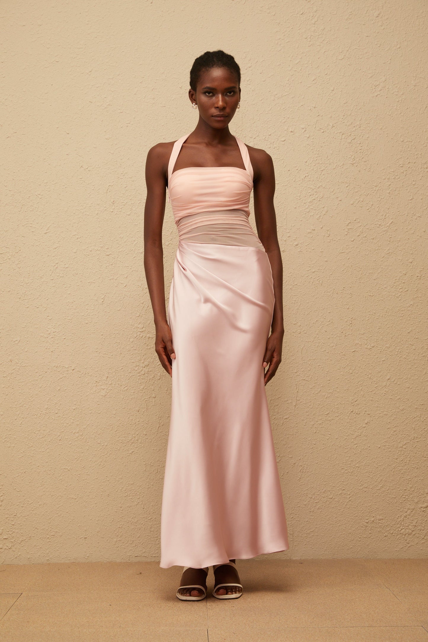 Taina Pink Mesh Panel Ruched Maxi Dress