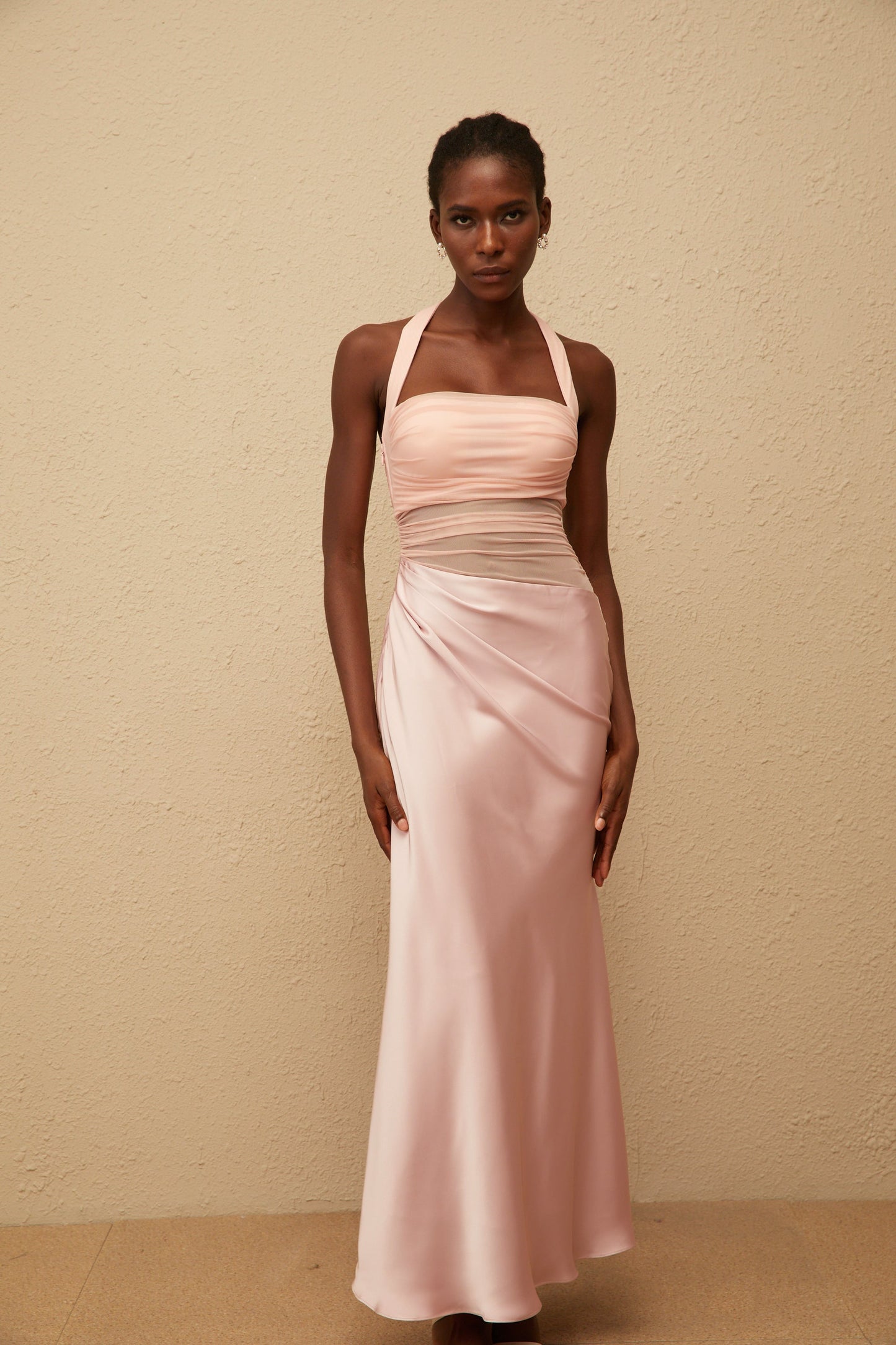 Taina Pink Mesh Panel Ruched Maxi Dress