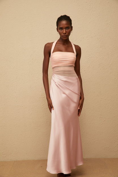 Taina Pink Mesh Panel Ruched Maxi Dress