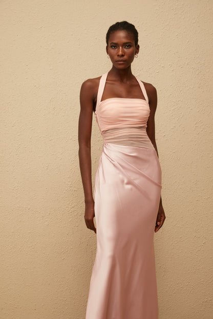 Taina Pink Mesh Panel Ruched Maxi Dress