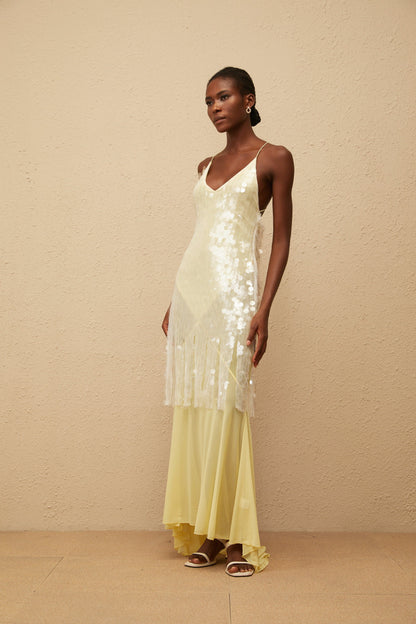 Joyau Yellow Sequin Mesh Maxi Dress