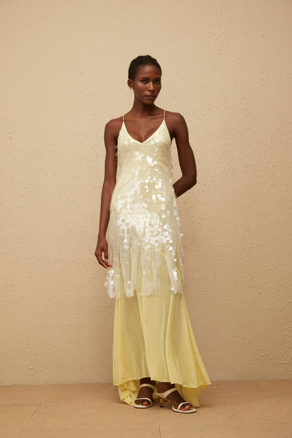 Joyau Yellow Sequin Mesh Maxi Dress