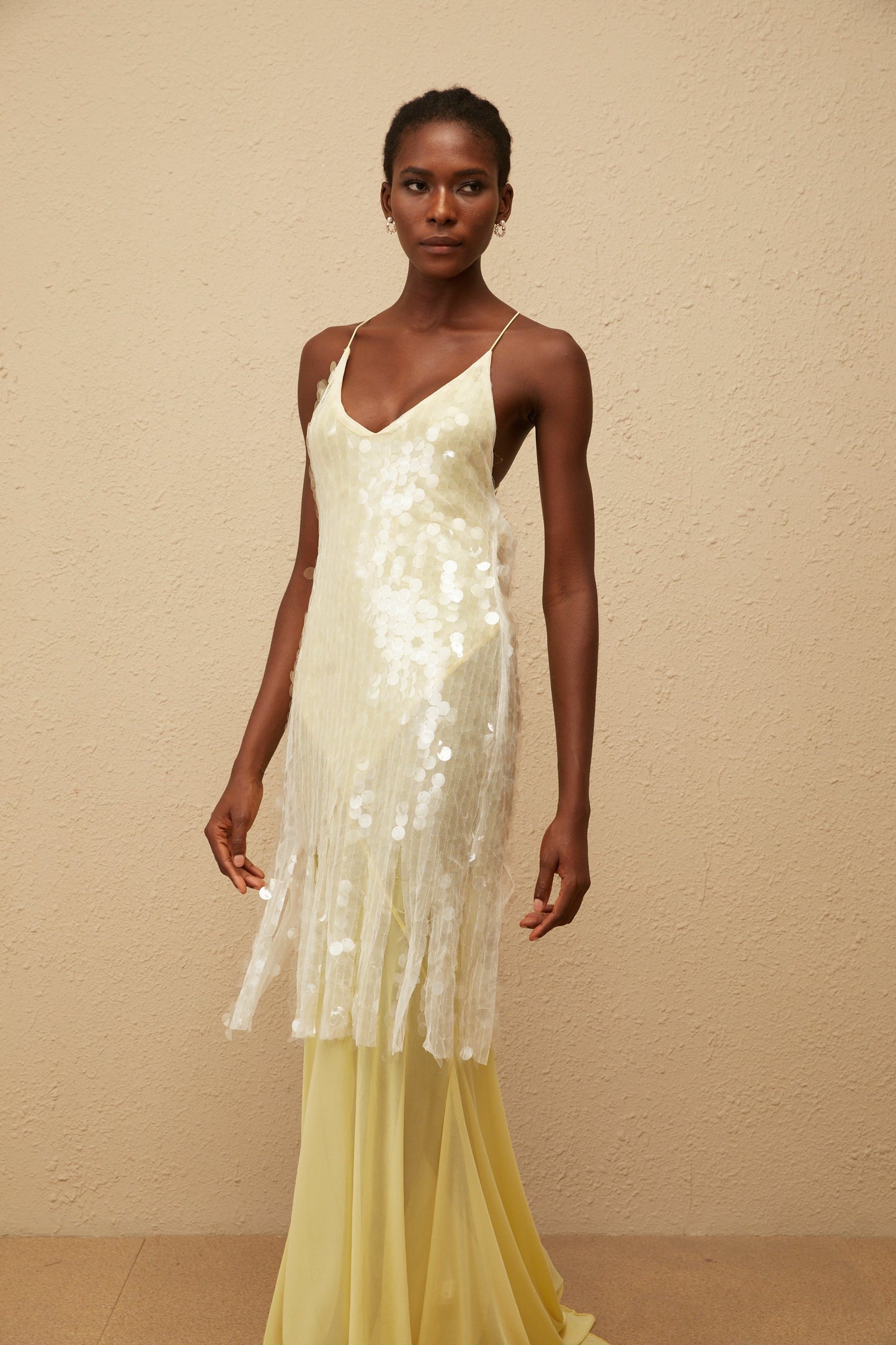 Joyau Yellow Sequin Mesh Maxi Dress