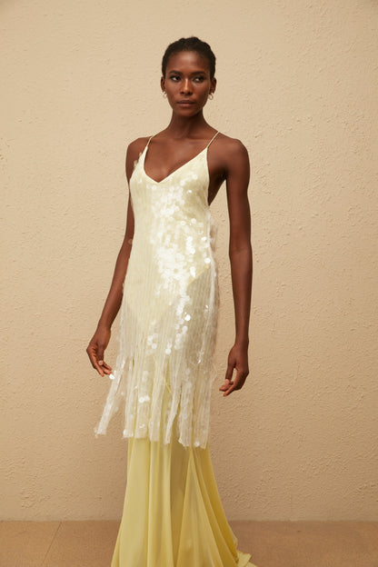 Joyau Yellow Sequin Mesh Maxi Dress