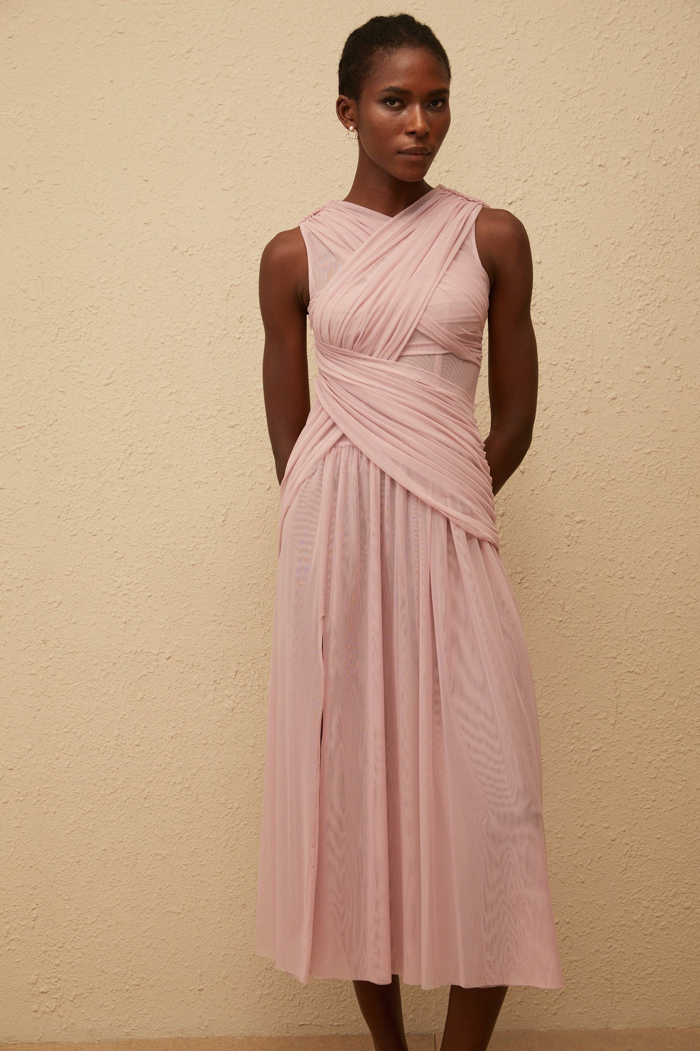 Sérénité Lilac Cross-Over Mesh Midi Dress