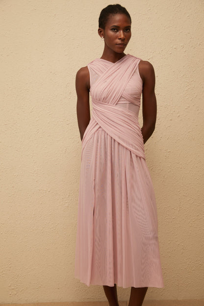 Sérénité Lilac Cross-Over Mesh Midi Dress