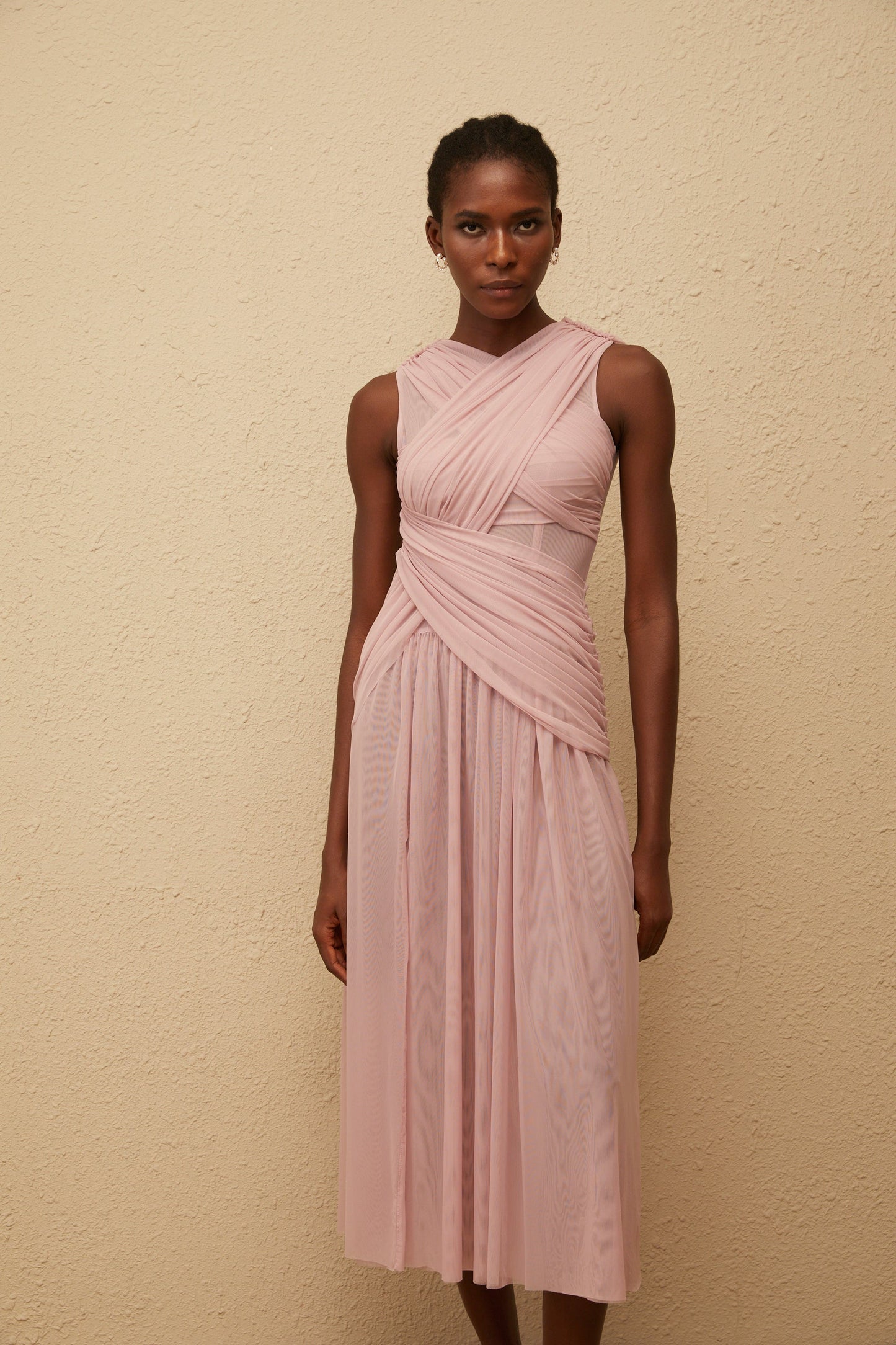 Sérénité Lilac Cross-Over Mesh Midi Dress
