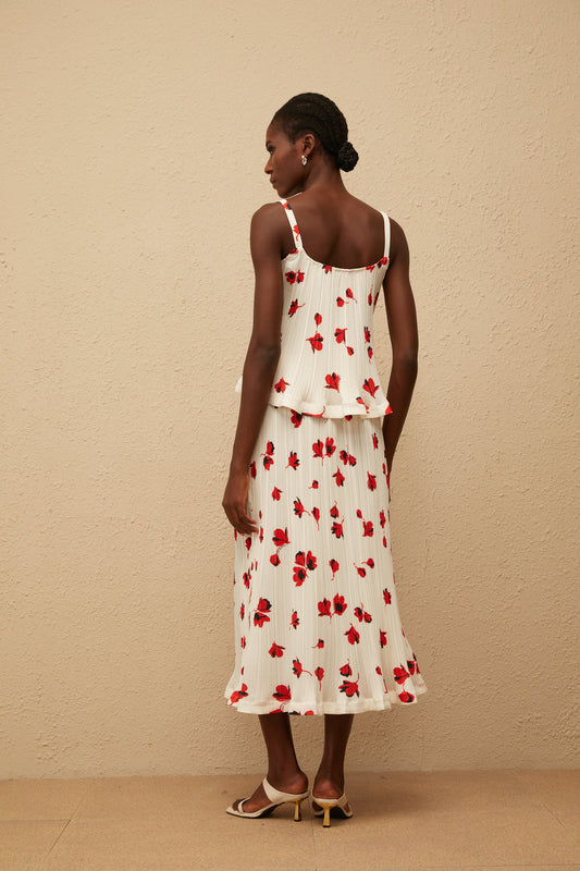 Cerise White Pleated Floral Print Top & Skirt Set