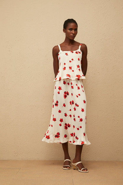 Cerise White Pleated Floral Print Top & Skirt Set