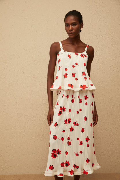 Cerise White Pleated Floral Print Top & Skirt Set