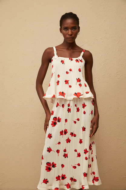 Cerise White Pleated Floral Print Top & Skirt Set