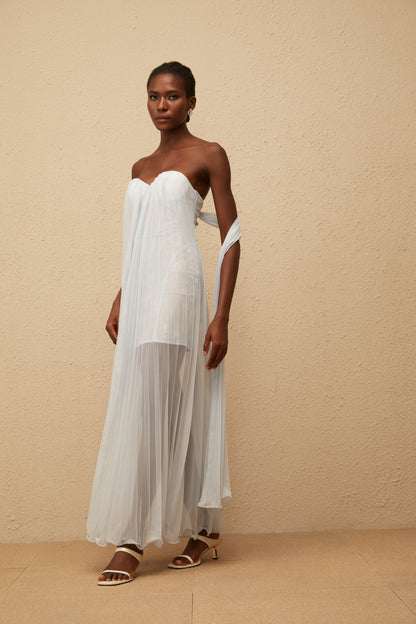 Monique Light Blue Pleated Mesh Maxi Dress