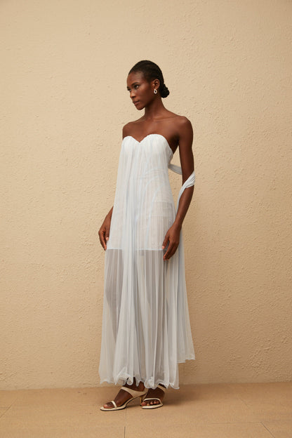 Monique Light Blue Pleated Mesh Maxi Dress