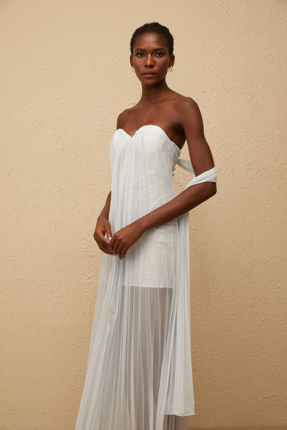 Monique Light Blue Pleated Mesh Maxi Dress