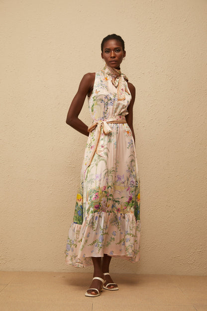 Madeleine Neutral Floral Print Satin Maxi Dress
