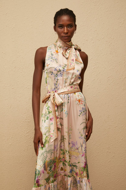 Madeleine Neutral Floral Print Satin Maxi Dress
