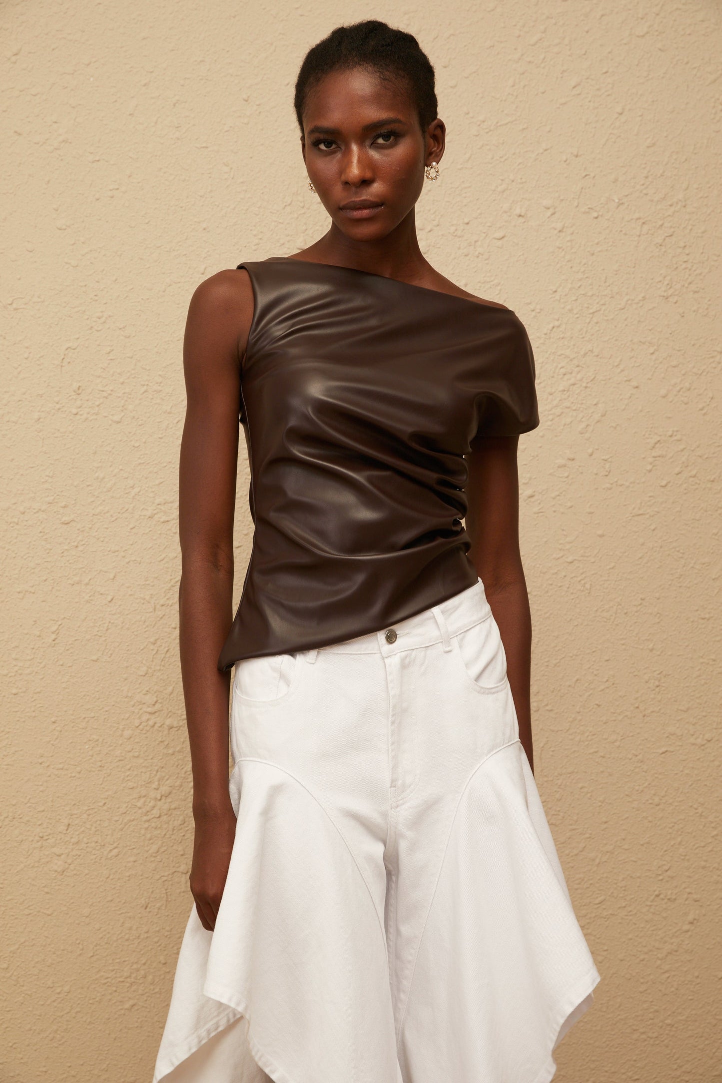 Nadja Brown Asymmetrical Leather Top