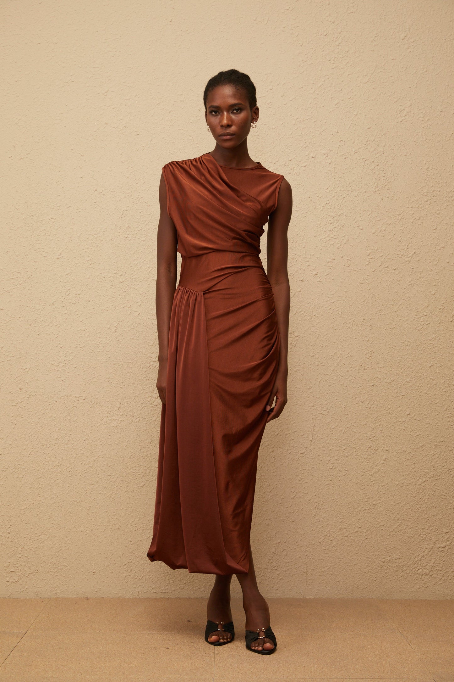 Reine Brown Asymmetrical Ruched Maxi Dress