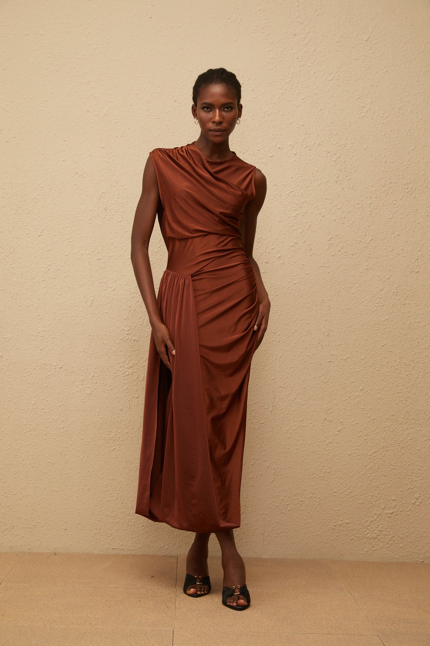 Reine Brown Asymmetrical Ruched Maxi Dress