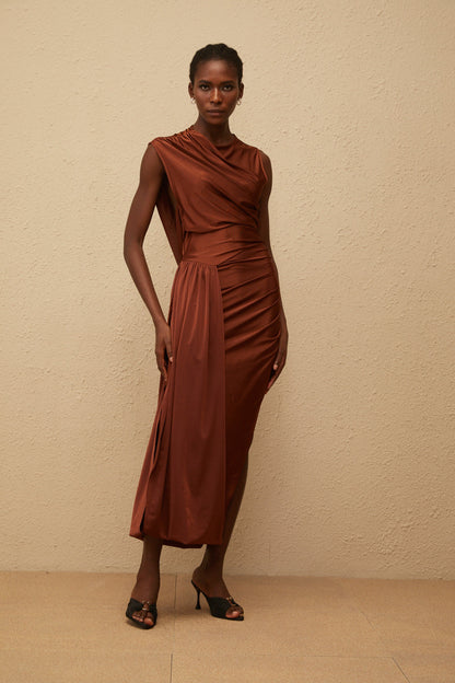Reine Brown Asymmetrical Ruched Maxi Dress