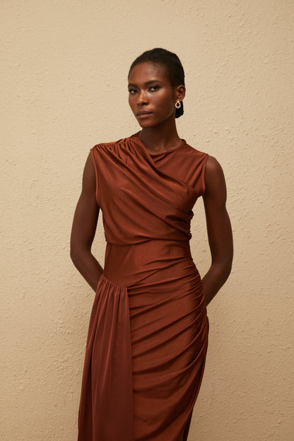 Reine Brown Asymmetrical Ruched Maxi Dress