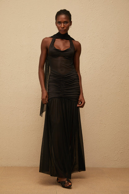 Léana Black Mesh Panel Ruched Maxi Dress
