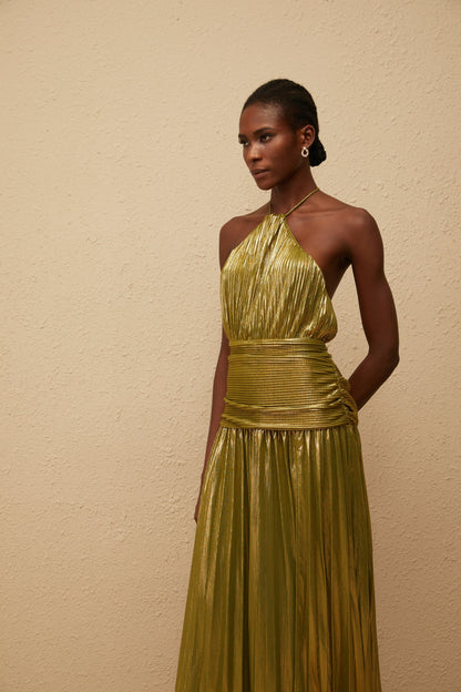 Alchimie Green Glossy Pleated Maxi Dress