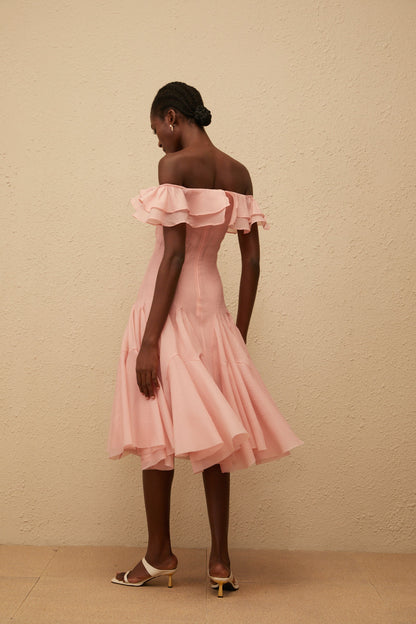 Margarita Pink Godet Ruffled Midi Dress