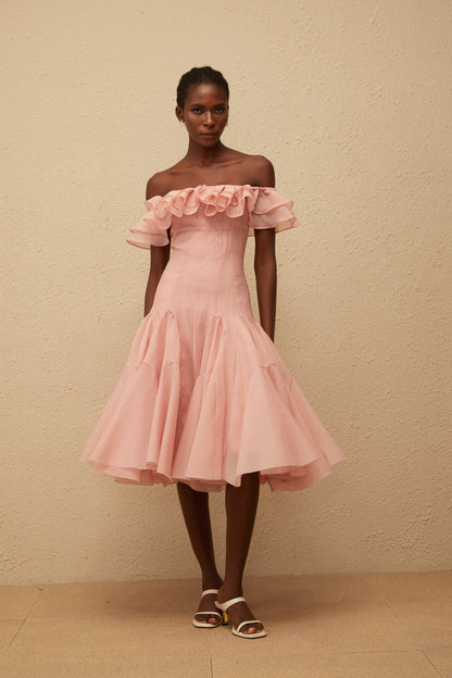 Margarita Pink Godet Ruffled Midi Dress
