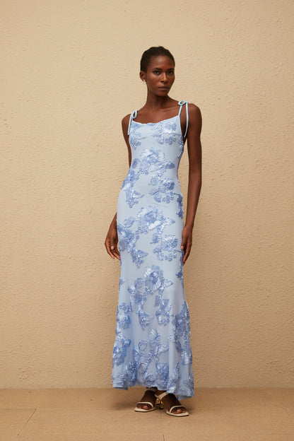 Énigme Blue Jacquard Floral Maxi Dress