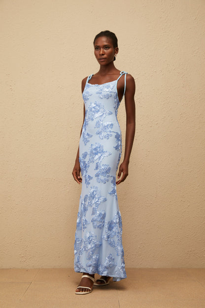 Énigme Blue Jacquard Floral Maxi Dress