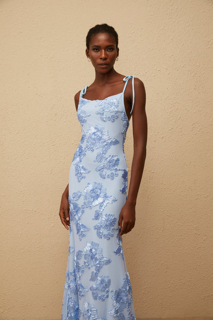 Énigme Blue Jacquard Floral Maxi Dress
