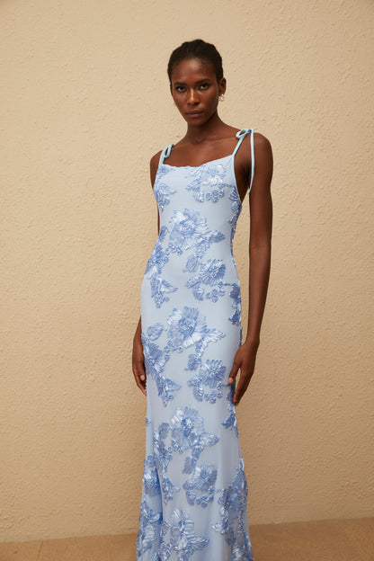Énigme Blue Jacquard Floral Maxi Dress