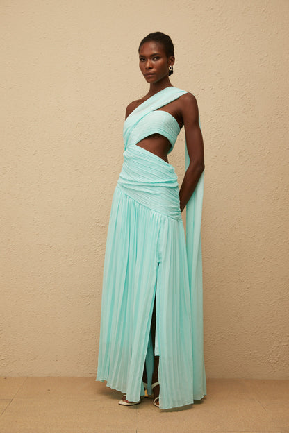 Katerina Mint Green Asymmetrical Pleated Maxi Dress