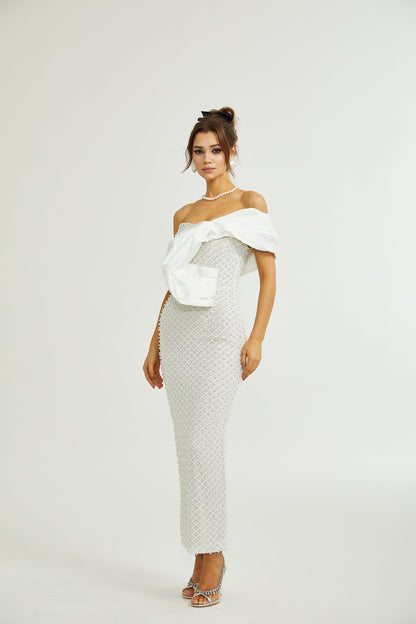 Maura faux-pearl off-shoulder dress