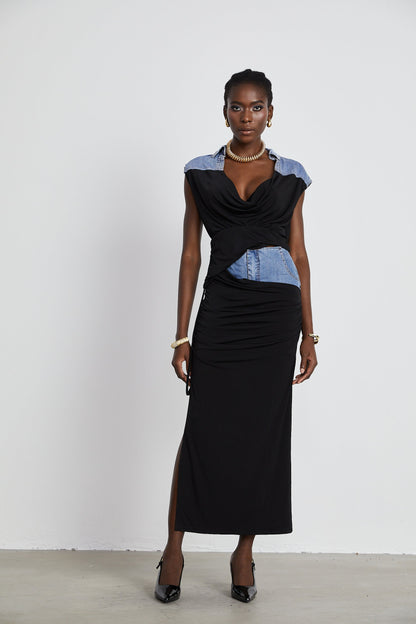 Nala jersey-panelled denim top & skirt matching set