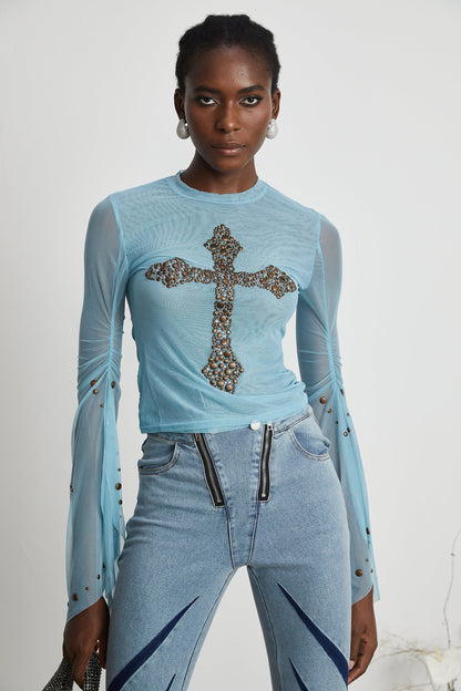 Émmanuelle semi-sheer stud-embellished top