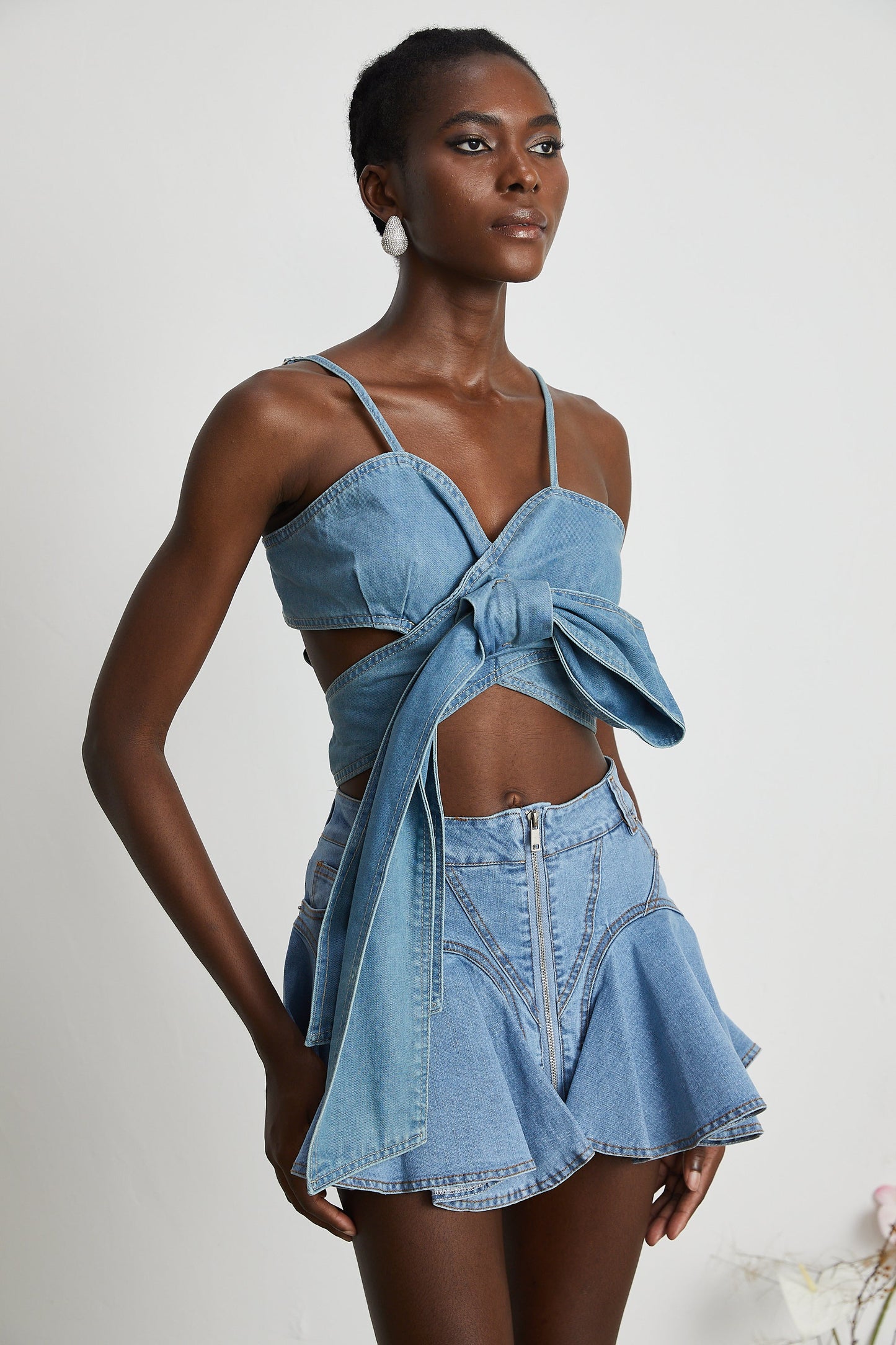 Aurélie bow-detail denim top